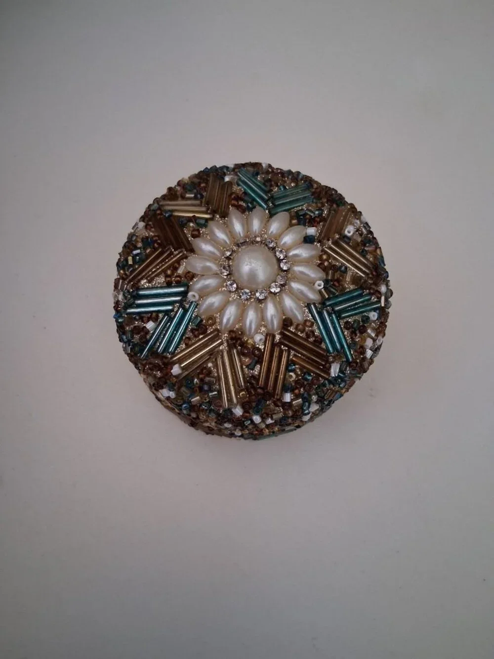 Vintage Small Trinket Box Gorgeous Beaded Design Velvet Lined